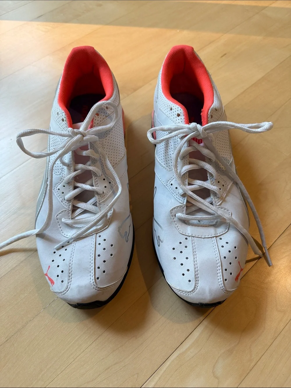 Women's Puma White Athletic Sneakers with Coral Lining, Worn Once